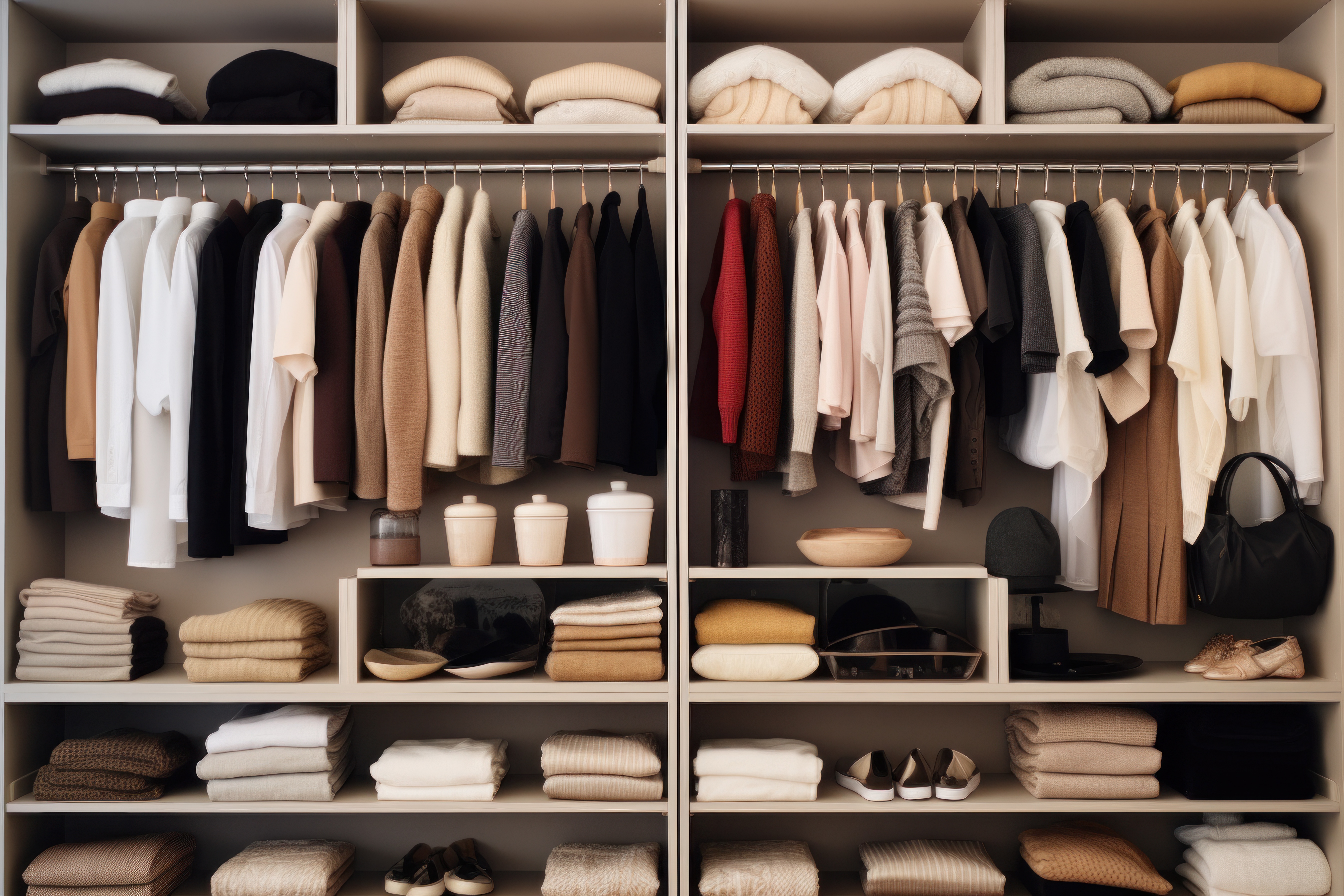 Neatly organized closet in neutral colors. 